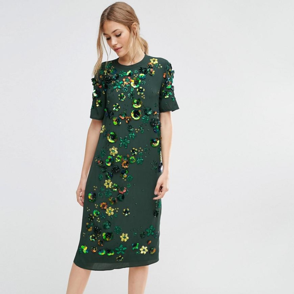 ASOS | Emerald Embellished Shift Midi Dress NWT